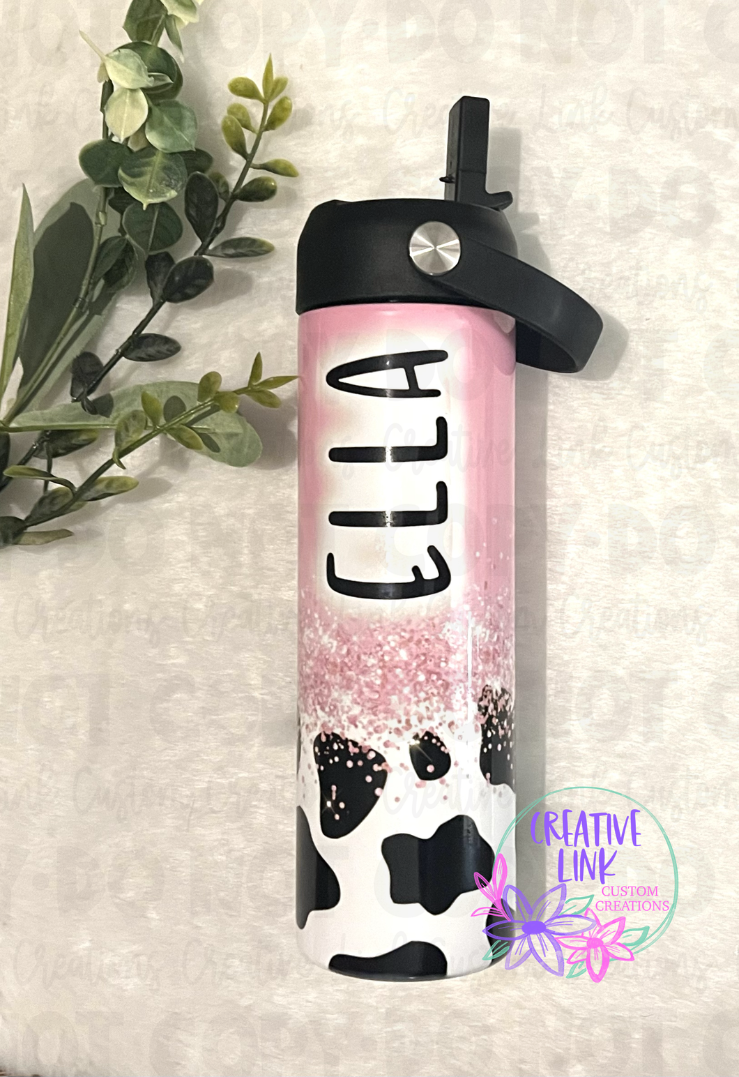 Personalized Pink Glitter/Cow Print Water Bottle