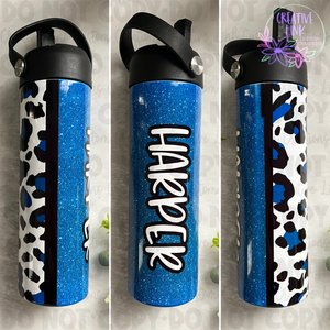 Personalized Blue and White Leopard Print Water Bottle